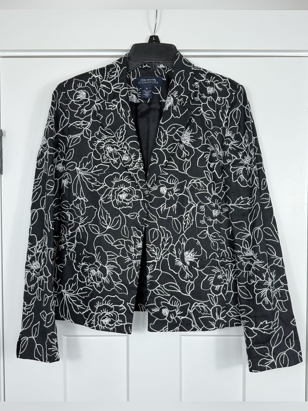 Jones New York Signature 100% Linen Blazer Jacket White Floral Embroidery Size 4